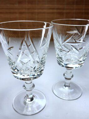 Vintage Cut Crystal Pinwheel Wine Goblets Pair Bohemian Style Mid Century